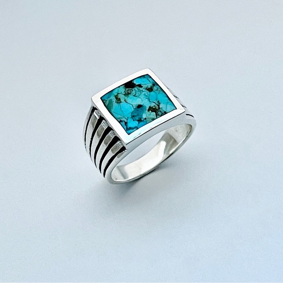 Sterling Silver Heavy Unisex Genuine Turquoise Ring, Statement Stone Rings - Picture 10 of 14